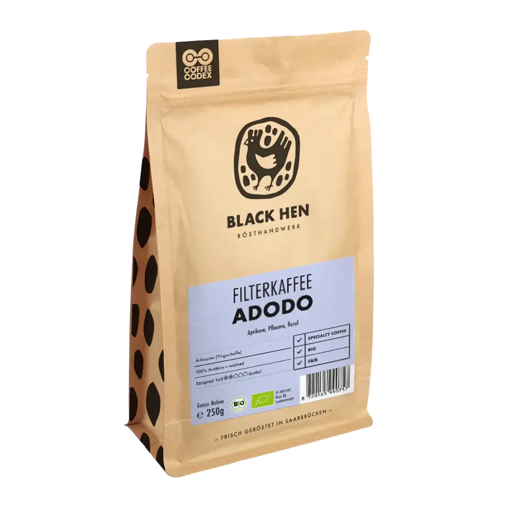 Bio Filterkaffee Adodo from Black Hen, made from 100% organic cultivation, DE-ÖKO-007 certified, 250g package.