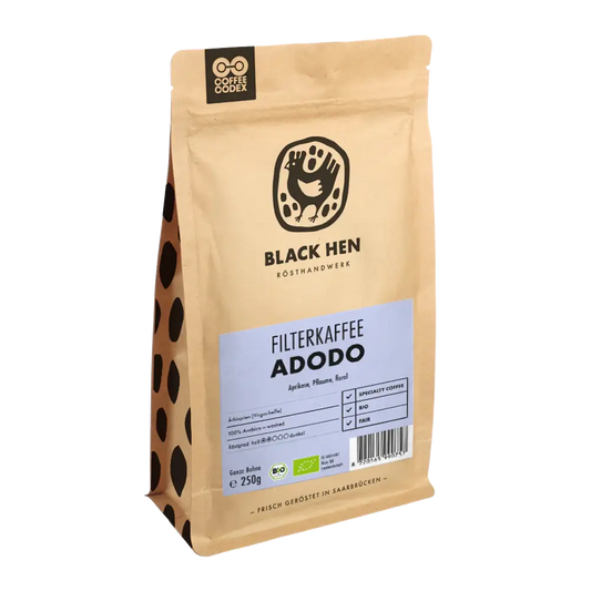 Bio Filterkaffee Adodo from Black Hen, made from 100% organic cultivation, DE-ÖKO-007 certified, 250g package.