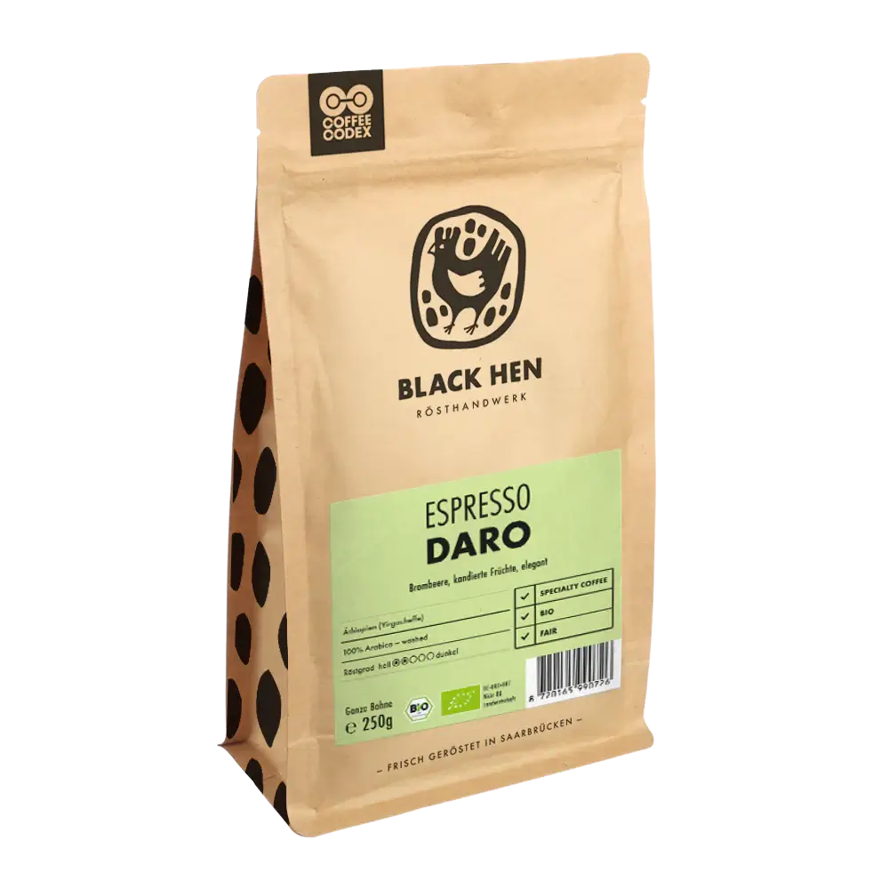 Bio Espresso Daro from Black Hen, certified organic DE-ÖKO-007, 250g packed coffee beans.