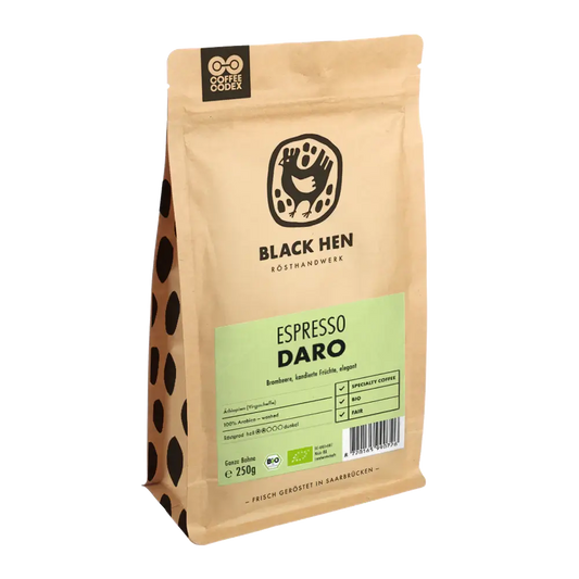 Bio Espresso Daro from Black Hen, certified organic DE-ÖKO-007, 250g packed coffee beans.