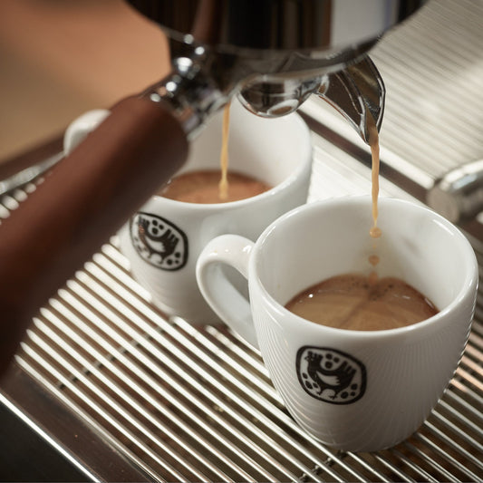 Espresso pouring into two cups in a barista seminar for advanced coffee techniques.